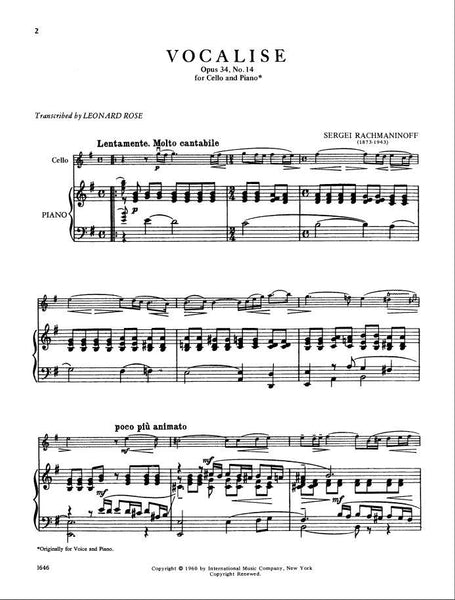 Rachmaninoff, Vocalise Op. 34 No. 14 For Cello And Piano (IMC) – Simply ...